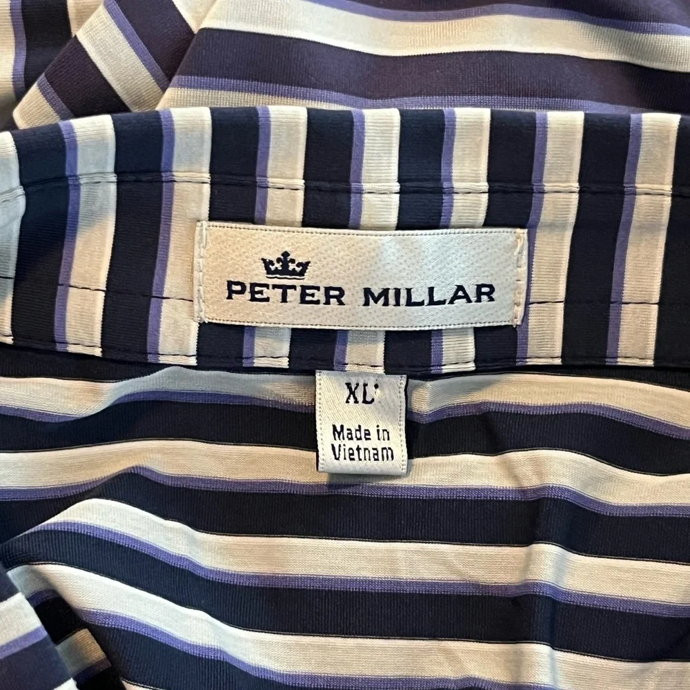 Men’s Peter Millar Navy White Purple Striped Golf / Fishing Polo Size XL EUC